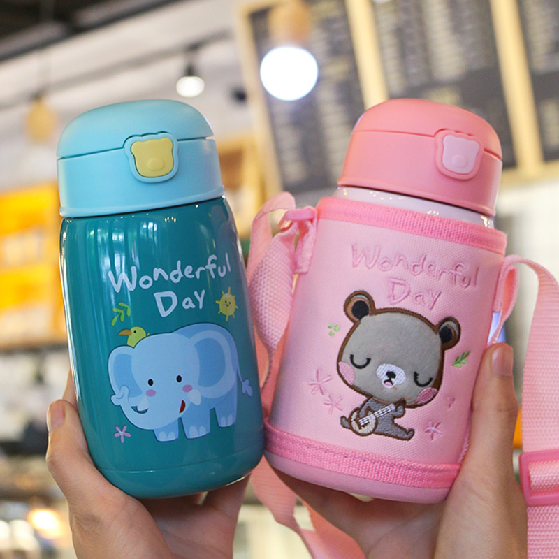 Cute thermos cup children's water kettle with straw for boys and girls kindergarten students 304 stainless steel dual-purpose water cup