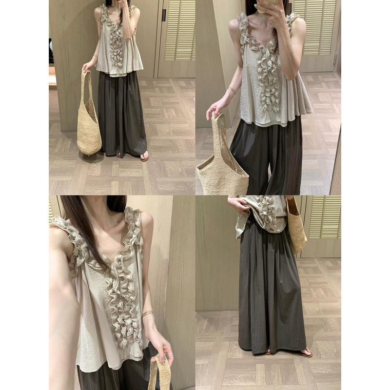 Latte - Gentle and Versatile Ruffled Edge Tank Top + Casual Pants Two-Piece Set (100% Cotton) 8833A12 Latte - Gentle and Versatile Ruffled Edge Tank Top + Casual Pants Two-Piece Set (100% Cotton) 8833A12