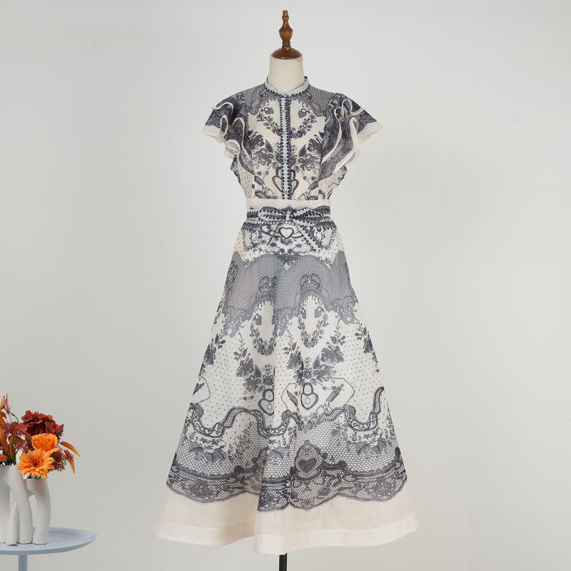 New 2025 In-Stock Australian Court-Style Stand-Collar Ruffled Diamond-Button Sleeveless Flared Long Dress Set