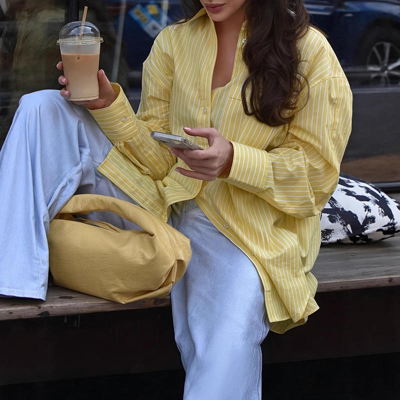 Cross-Border Women's Fashion French European and American Style Casual Women's 2025 Summer Striped Loose Shirt 2156 # Long Sleeves Cross-Border Women's Fashion French European and American Style Casual Women's 2025 Summer Striped Loose Shirt 2156 # Long Sleeves