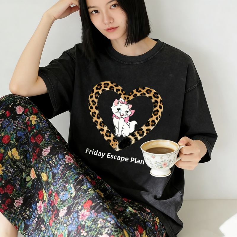 Short-Sleeved T-Shirt for Women, Washed, Loose-Fitting, American Style, Super Nice, Printed with Leopard Print Elements, Marie Cat, Niche Disney Top