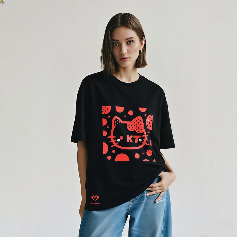 Cartoon Kt Cat T-Shirt for Women, Short-Sleeved, Summer Versatile Hello Kitty Print, Pure Cotton, Black, Trendy Niche Brand Top for Women