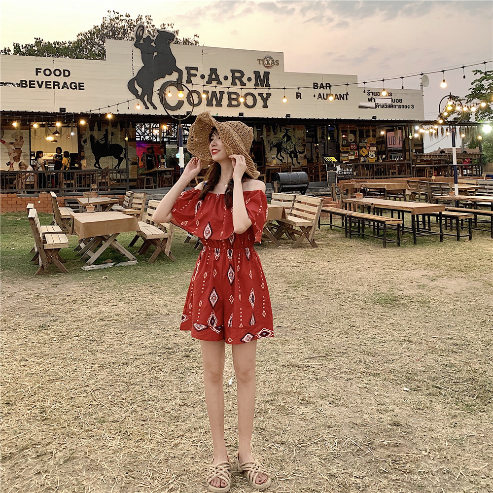 VK旗艦店 韓系一字領荷葉邊連身褲套裝短袖褲裝