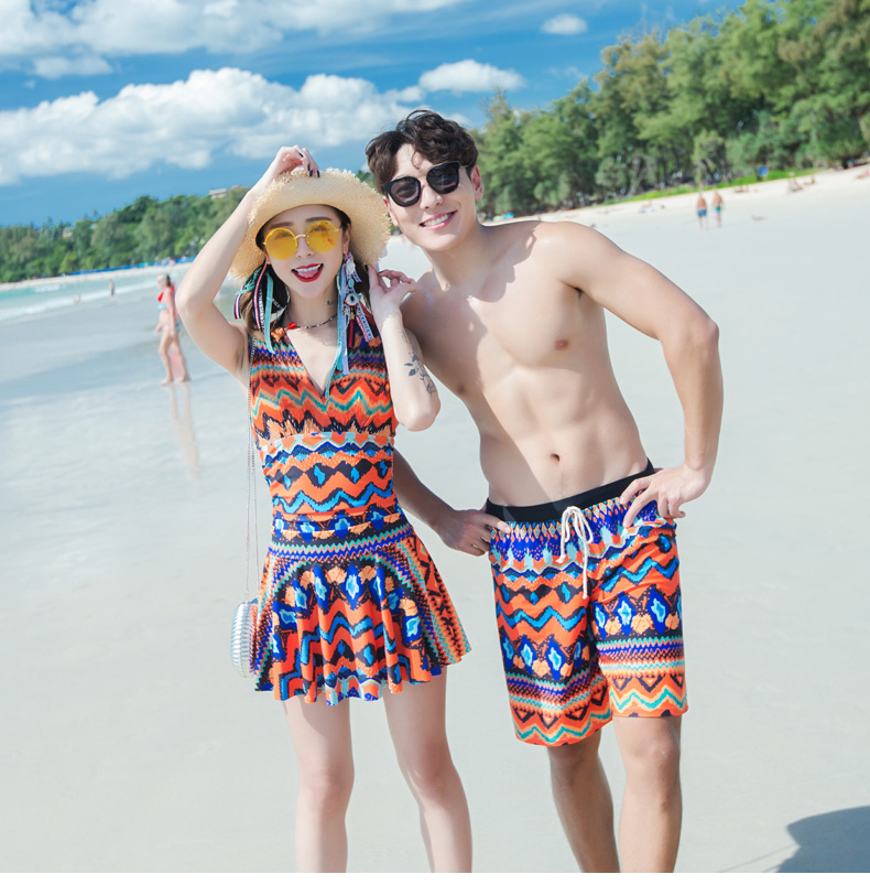 Cặp đôi đồ bơi nữ XL một mảnh kiểu váy phẳng góc thép mỏng hỗ trợ tập hợp áo tắm nam mùa xuân nóng bỏng quần đi biển - Vài đồ bơi 	đồ đôi gia đình đi biển