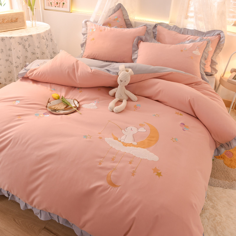 Small fragrant wind all-cotton bed with four pieces of cover embroidered pure cotton linen covered with hood Girl princess Wind net red bed Ogasawara