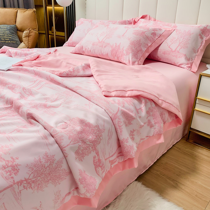 Simple washed ice silk summer quilt four-piece set Jiangnan style air-conditioning quilt cold thin quilt silk slippery bed sheet fitted summer quilt