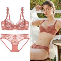 French Sponge-Free Ultra-Thin DE Cup Champagne Lace Bra Sexy Gathering Underwear Bra Set Big Breast Shows Small