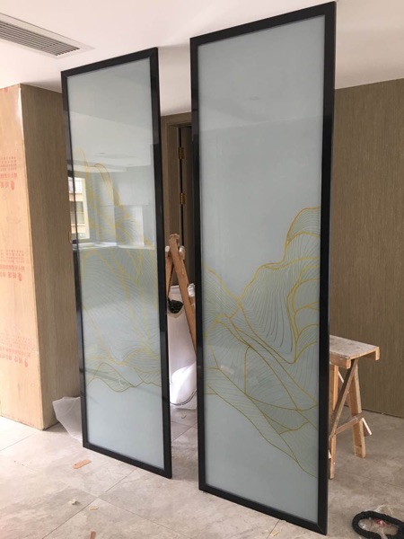 Custom-made high-grade background wall porch partition screen clip silk clip painting splash ink Chinese painting tempered wire cloth art glass - Taobao