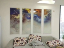 Manufacturers custom-made high-end partition porch screen background wall laminated art glass clip silk painting tempered colorful clouds