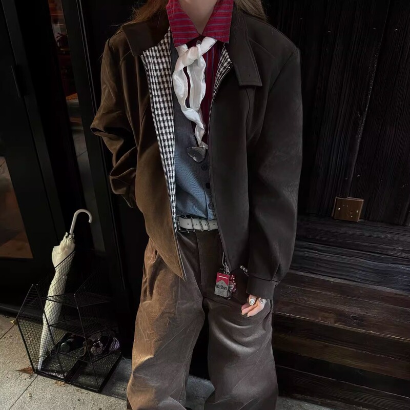 No7Yan【Nico Same Style】Imitation Cowhide Velvet American Retro Double-Sided Boxy Straight-Shoulder Short Wide Jacket
