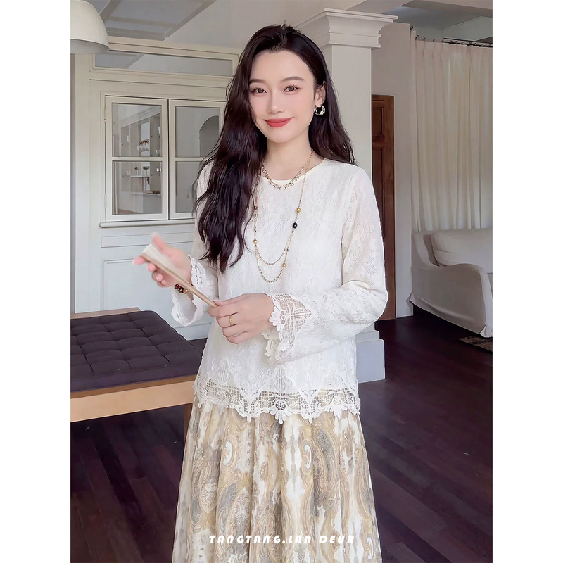 Jiujiu【Sunset Reverie】New French Lace Trim Solid Color Design Shirt for Women Jiujiu【Sunset Reverie】New French Lace Trim Solid Color Design Shirt for Women