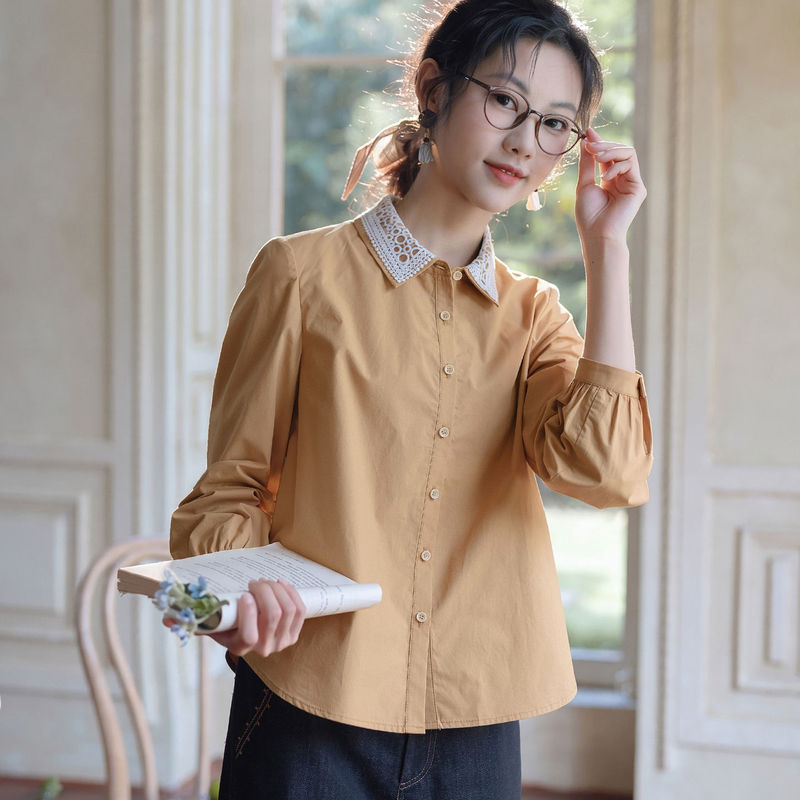 Age-Reducing Yellow Cotton Shirt for Women, Long-Sleeved, Loose Design, 2026 Autumn New Women's Clothing, Elegant Shirt Top
