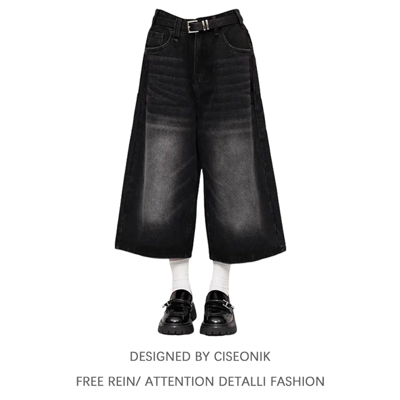 Plus-Size American Retro Black and Gray Denim Capri Pants for Women, Summer Casual Loose Fit, Slimming, Washed Straight-Leg Mid-Length Pants