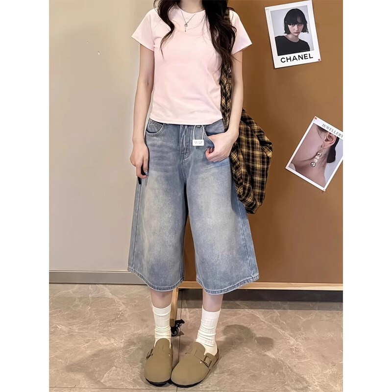 Light Blue Cropped Denim Shorts for Women, New Summer Design, Loose Wide-Leg, Slimming, Casual Straight-Leg Mid-Length Pants