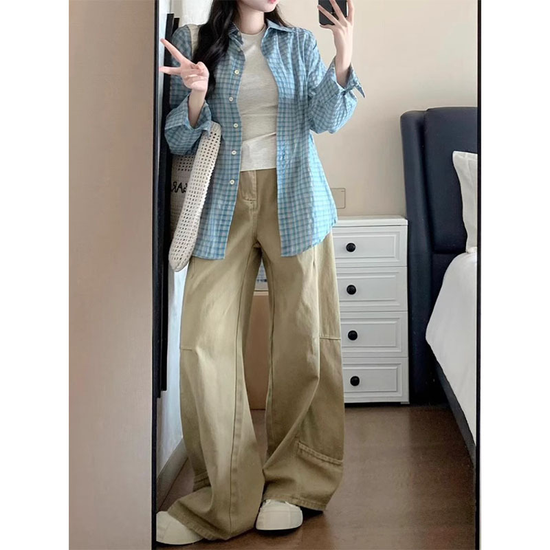 Plus-Size Khaki Patchwork Workwear Jeans for Women, Spring High-Waisted Loose Wide-Leg Slimming Versatile Straight-Leg Long Pants Plus-Size Khaki Patchwork Workwear Jeans for Women, Spring High-Waisted Loose Wide-Leg Slimming Versatile Straight-Leg Long Pants