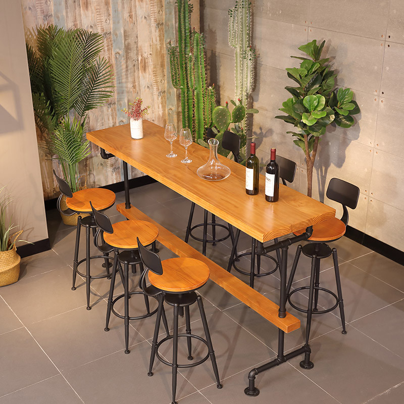 High-footed bar table and chair combination coffee shop solid wood wrought iron industrial style bar table against the wall long strip home