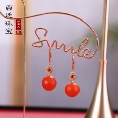 Серьги 耳畔的婉雅！正品天然保山南红18k真金镶嵌 南红圆珠 柿子红耳坠