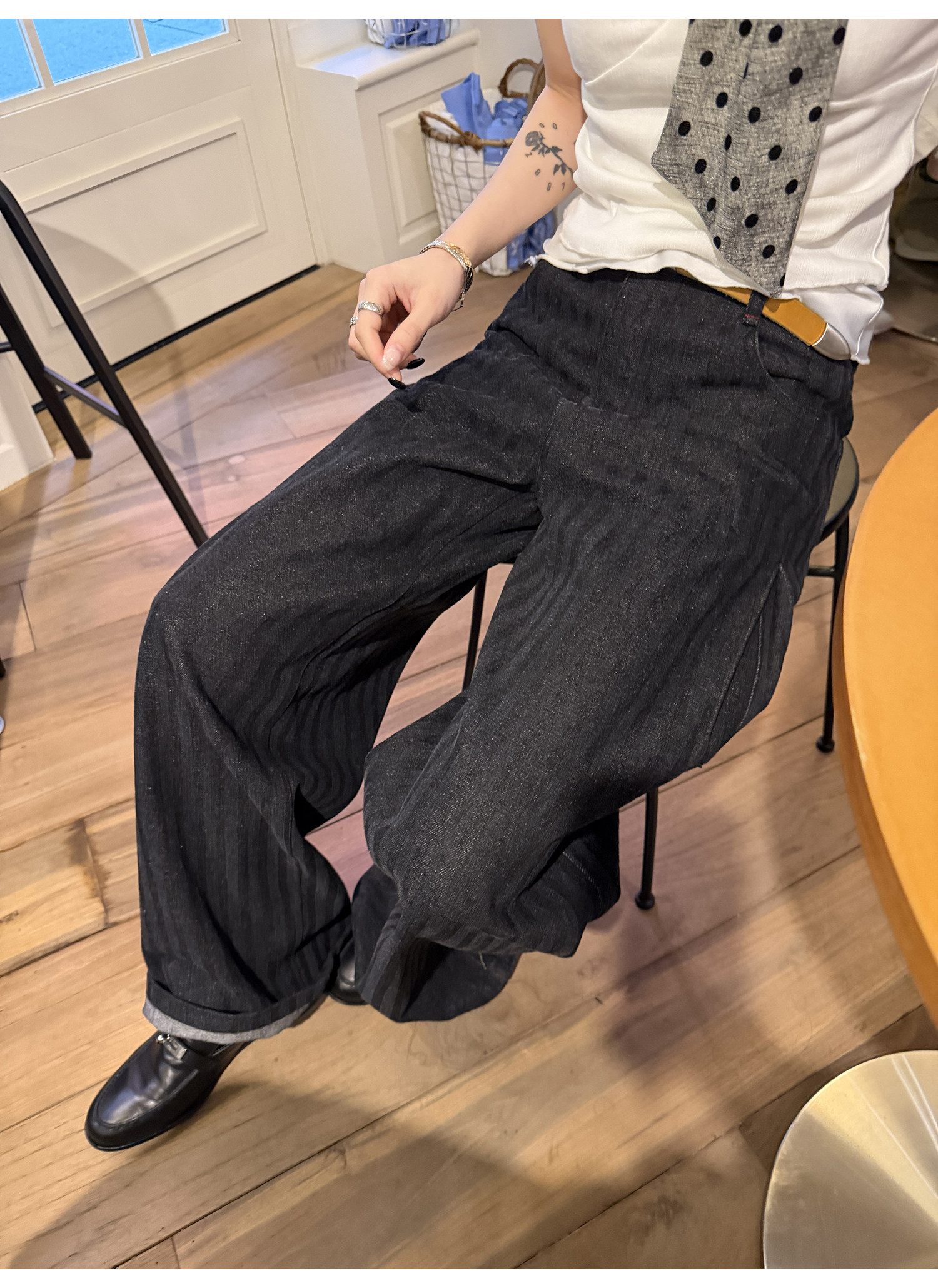 LelyMooch оригинальный дизайн винтажные черно-серые полосатые прямые широкие брюки женские свободные универсальные джинсы