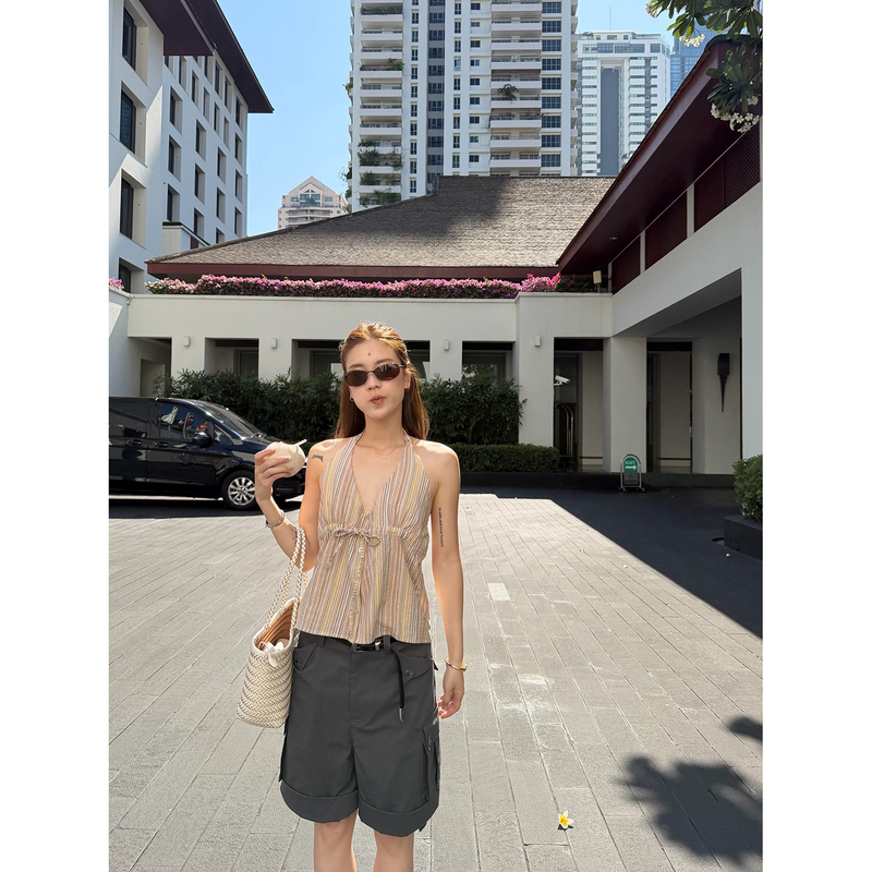 Lelymooch/Summer Girl Niche Design Rainbow Striped Halter Neck Backless Sleeveless Camisole