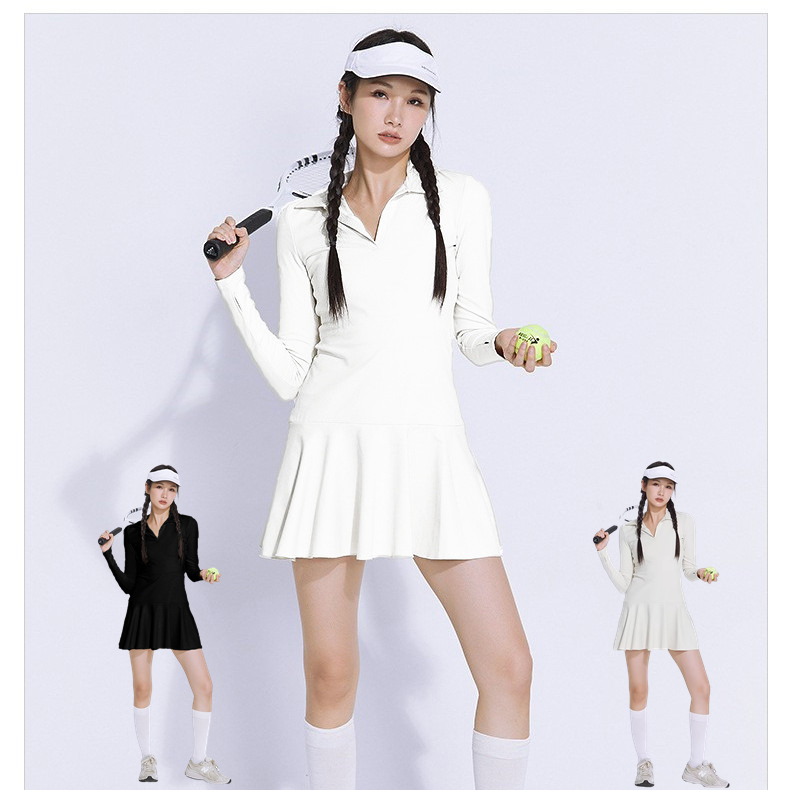 Wimbledon white tennis one-piece dress autumn winter plus grip suede thickened long sleeves warm and anti-walking light female golf sportskirt-Taobao