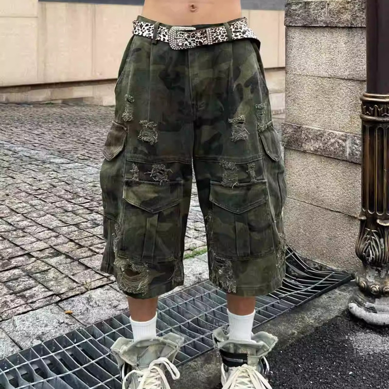 Original Destroyed Camouflage American Cropped Pants Summer Niche Loose Wide-Leg Work Jeans