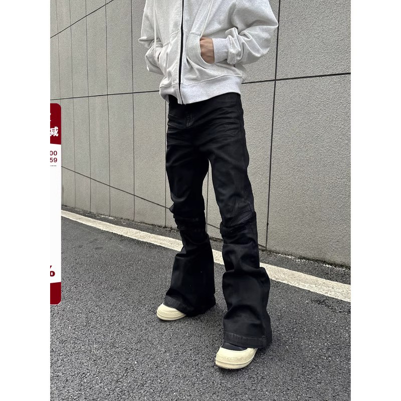 2026 New Niche Handmade Wax-Coated Micro-Flared Floor-Length Jeans Stretch Straight-Leg Pants for Men and Women ins
