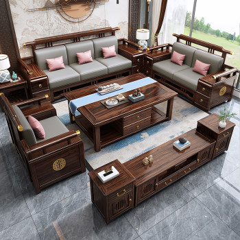 New chinese style black gold solid wood sofa coffee table combination winter and summer living room household storage furniture complete set 2025 New chinese style black gold solid wood sofa coffee table combination winter and summer living room household storage furniture complete set 2025