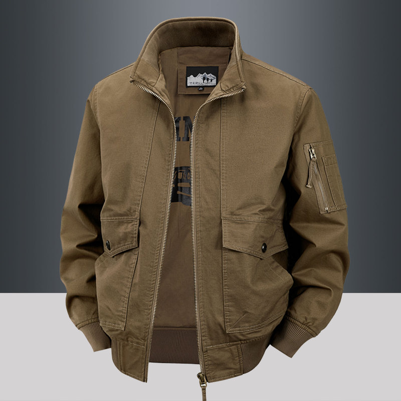 Spring Men's Pure Cotton Work Jacket Men's Spring and Autumn Casual Loose Middle-Aged Dad Stand-Up Collar Jacket Men's Spring Clothing