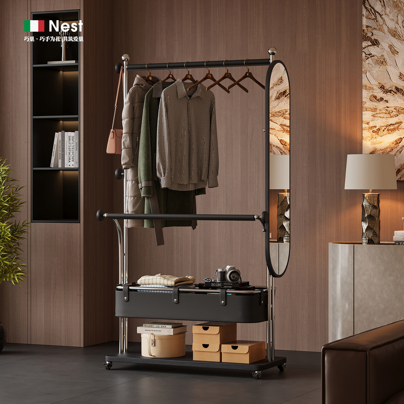Dragon Horse Spirit Italian-Style Coat Rack with Mirror/Movable Floor-Standing Multifunctional Stainless Steel Clothes Rack for Bedroom Dragon Horse Spirit Italian-Style Coat Rack with Mirror/Movable Floor-Standing Multifunctional Stainless Steel Clothes Rack for Bedroom