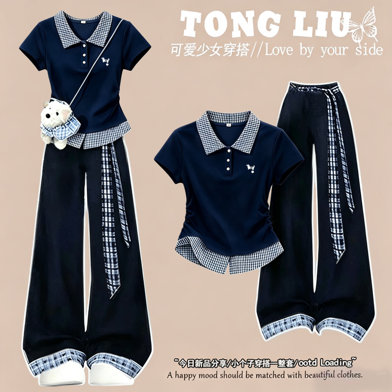 Junior High School Girls' Summer Suit, Loose Polo Collar Short-Sleeved T-Shirt, Older Girls' Preppy Style Casual Sports Wide-Leg Pants