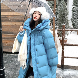Blue Hooded Long Warm down Jacket for Women, Winter 2025 New Style, Non-Bulky Thickened Puffer Jacket, Warm Coat
