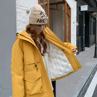 Yellow Workwear Style White Duck down Jacket for Women, Winter 2025 New Korean Design Hooded Warm Parka