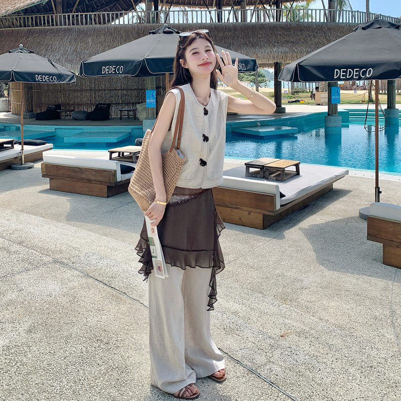 Commuter Style Fashionable Vest Suit for Women 2026 Summer New Trendy Design Casual Wide-Leg Pants Two-Piece Set