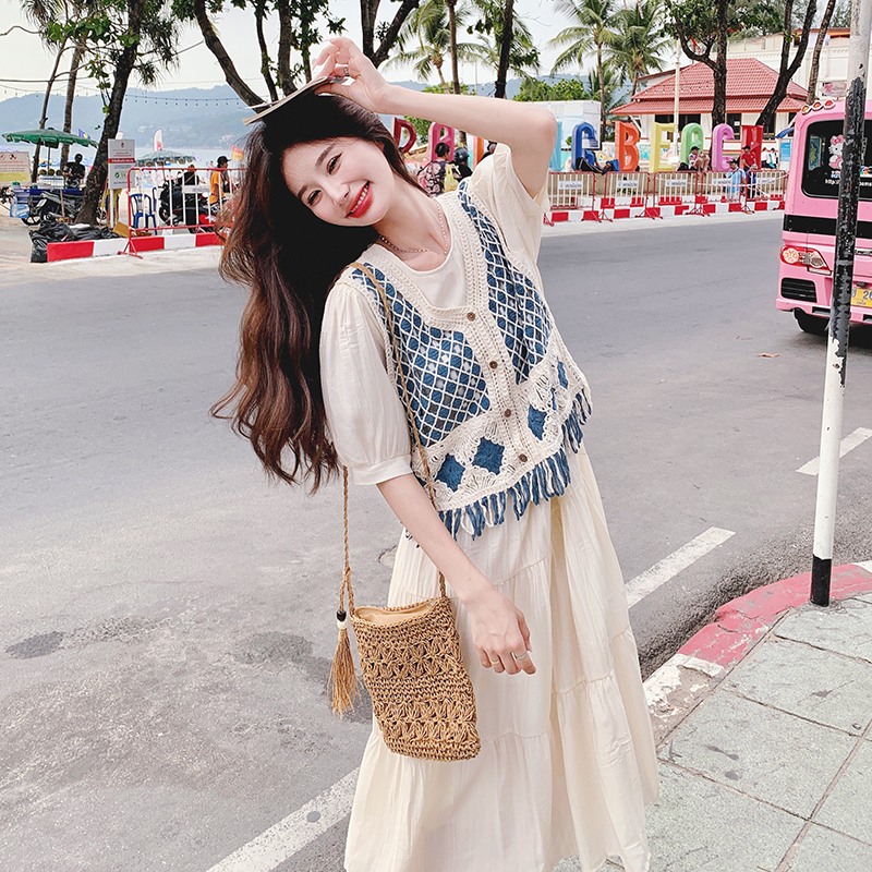 Knitted Hollow-Out Tassel Vest Dress Two-Piece Set for Women 2025 Summer New Style This Year's Popular Beautiful Suit Dress