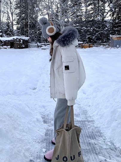 White Workwear-Style down Jacket for Women, 2025 Winter New Korean Style, Stylish Fur Collar Hooded Parka Goose down Jacket