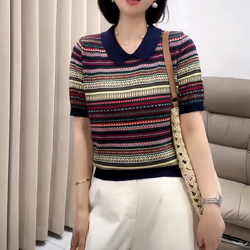 French-Style Fair Isle Striped Polo Collar Short-Sleeve T-Shirt for Women, Summer Thin Fashion Loose Versatile Niche Top