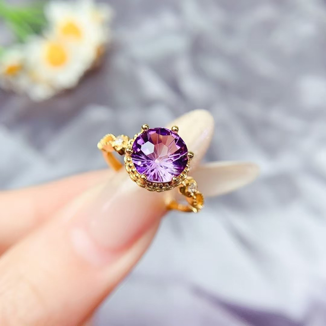 Natural Amethyst Fireworks Cut Ring 925 Sterling Silver Gold Plated Supports Detection Main Stone Size 8mm