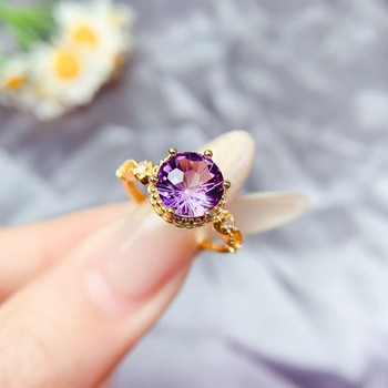 Natural amethyst fireworks cut ring 925 sterling silver gold plated supports detection main stone size 8mm