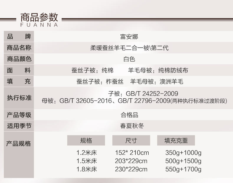 富安娜 蚕丝+羊毛二合一被子子母被 四季可用1.2m 图7