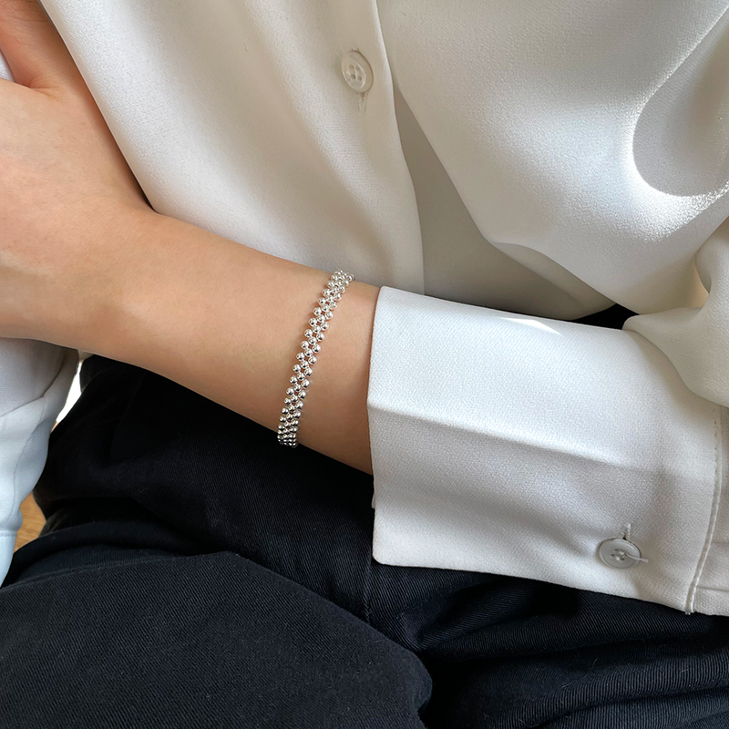 925 Silver Bracelet for Women, Korean Imported Jewelry, Simple and Versatile Beaded Silver Ball Elastic Bracelet