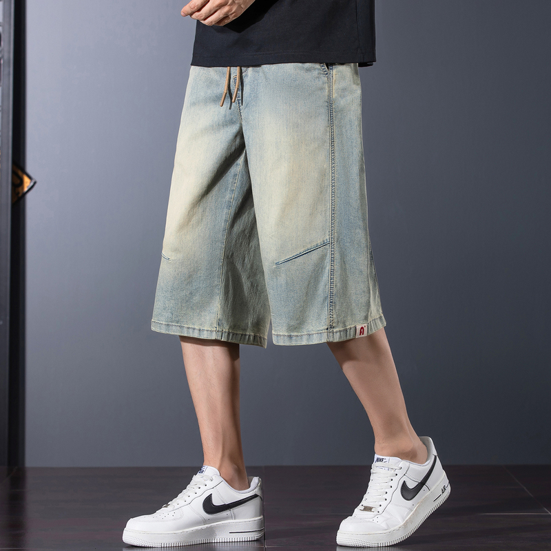 Mud Yellow Stretch Ice Silk Thin Plus-Size Men's Cropped Denim Shorts, Extra Large Loose Shorts with Elastic Waist Mud Yellow Stretch Ice Silk Thin Plus-Size Men's Cropped Denim Shorts, Extra Large Loose Shorts with Elastic Waist