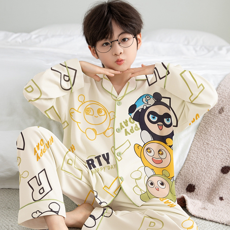Boys' Pure Cotton Pajamas 2026 New Style Big Boy Spring and Autumn Cartoon Egg Boy Long-Sleeved Children's Home Wear Set