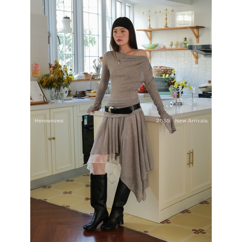 Herowrows 25 New Product Asymmetrical Shoulder Elastic Knit Slim Fit Dress Irregular Hem Long Skirt for Women