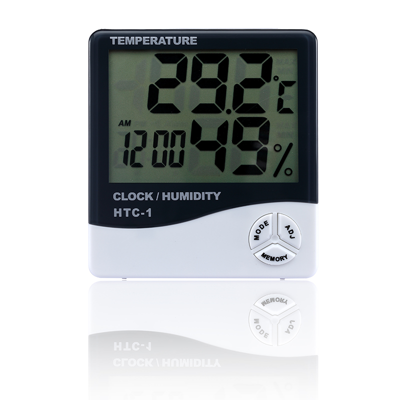 HTC - 1 Electronic Digital Temperature Humidity Time Alarm Clock 4 in 1 Digital Temperature and Humidity Meter