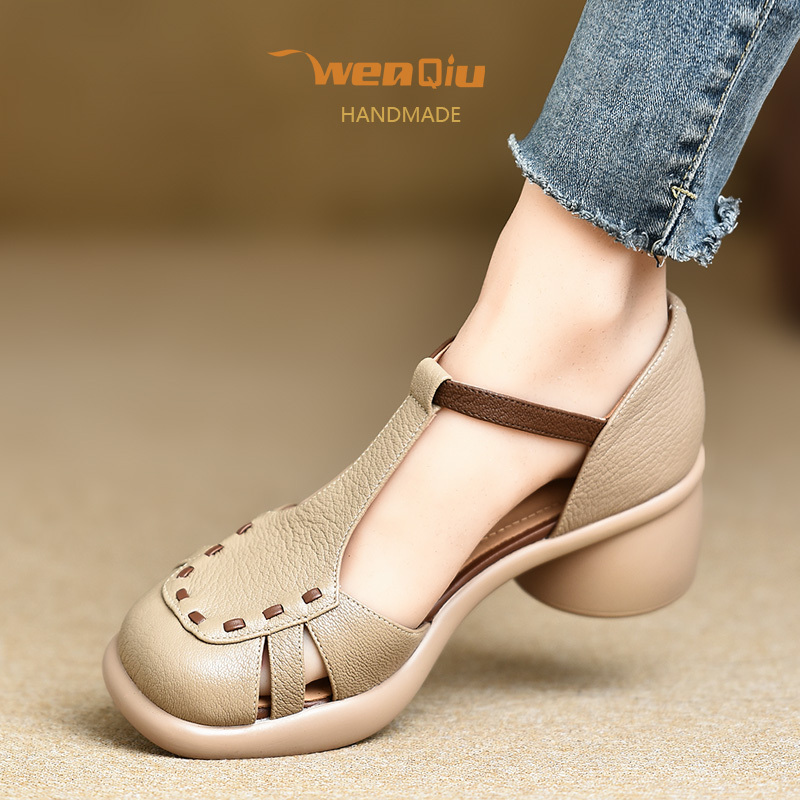 Wenqiu~5Cm Comfortable Chunky Heel Closed-Toe Sandals for Women, Thick-Soled Waterproof Platform Shallow Mouth Single Shoes, Genuine Leather Color-Blocking Fairy Shoes Wenqiu~5Cm Comfortable Chunky Heel Closed-Toe Sandals for Women, Thick-Soled Waterproof Platform Shallow Mouth Single Shoes, Genuine Leather Color-Blocking Fairy Shoes