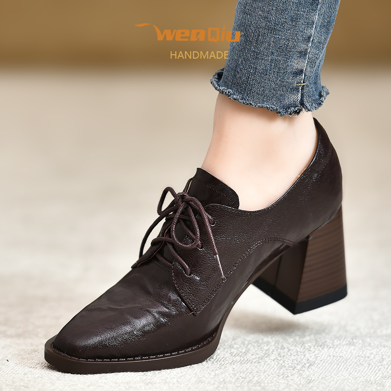 Wenqiu~Retro Lace-Up Small Leather Shoes for Women 7cm Hand-Grained Thick Heel High Heels 2025 New Genuine Leather Women's Shoes