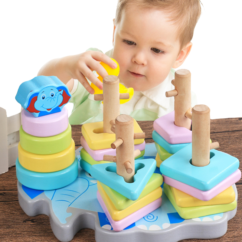 Children's early education puzzle building blocks toy 1-3-year-old baby geometric shape matching cognitive figure four sets of column building blocks