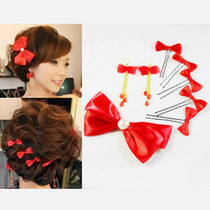 Eight-piece bow set hair accessories earrings red bridal headdress Korean wedding accessories set of decorations