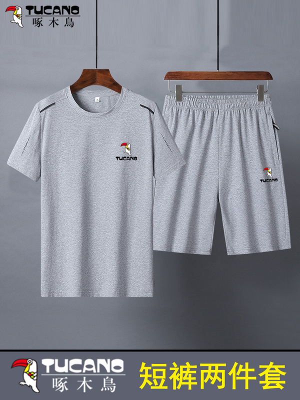 Woodpecker Summer Pure Cotton Suit Men's Large Size Loose Short-Sleeved T-Shirt Middle-Aged and Elderly Casual Sportswear Two-Piece Set