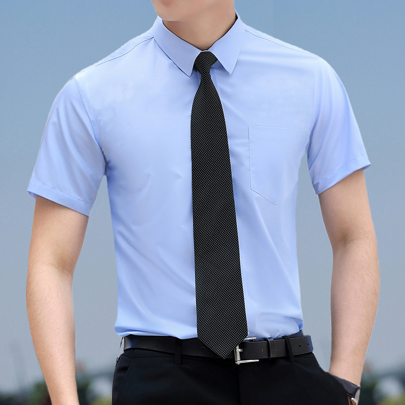 Shirt Men's Short-Sleeved Ice Silk Modal Summer Thin Non-Iron Slim Office Light Blue Shirt Workwear Embroidered Logo